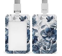 ID Badge Holder with Lanyard Waterproof ID Card Holders Hand Painted Blue FlowersName Tags Protector Cover for Women Men Office Staff Teacher Nurse