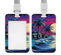 Id Bbadge Holder with Lanyard Breakaway Plastic Card Holder Vertical Hanging Cute and Personalized Palm Trees and Water Printed Badge Clip