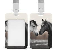 ID Card Holders for Lanyard,Black and White Horses Printed Badge Holder with Clear Window,Plastic Vertical Bus Pass Holders for Work Teacher Nurse Employees Proximity Key Cards Women Men