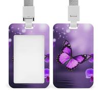 ID Card Holders for Lanyard,Purple Butterfly Printed Badge Holder with Clear Window,Plastic Vertical Bus Pass Holders for Work Teacher Nurse Employees Proximity Key Cards Women Men