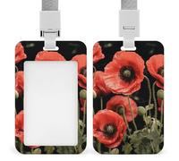 ID Card Holders for Lanyard,Red Poppy Flowers Leaves Printed Badge Holder with Clear Window,Plastic Vertical Bus Pass Holders for Work Teacher Nurse Employees Proximity Key Cards Women Men