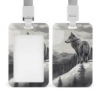 ID Card Holders for Lanyard,Snow Mountain Lone Wolf Printed Badge Holder with Clear Window,Plastic Vertical Bus Pass Holders for Work Teacher Nurse Employees Proximity Key Cards Women Men