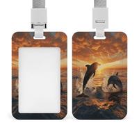 ID Card Protector Dolphins Jumping Out of The Water at Sunset Id Badge Holder with Lanyard for Work Office Nurse Teacher Women Student Gifts