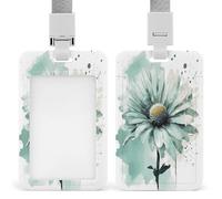ID Card Protector Mint Green Watercolor Daisy Id Badge Holder with Lanyard for Work Office Nurse Teacher Women Student Gifts