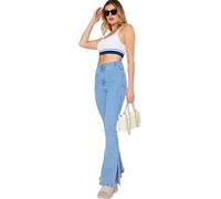 ID Clothing Womens Split Hem Flare Jeans Straight Leg Regular Fit Stretch Denim Pants UK 6-20 Light Blue