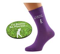 I'd Rather Be Playing Golf with Golfer Image Printed in White on Ladies PURPLE Socks and Round Coaster