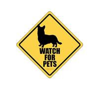 Idakoos Metal Tin Sign - Watch for Pets Corgi Dog Crossing Sign - Home Office Indoor/Outdoor Wall Decor - 8" x 8"