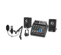 iDance Studio Pack and a pair of studio monitoring speakers with a sound card mixer, active monitors, studio microphone, telescopic stand and filters