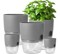 iDattel Plastic Plant Pots Indoor,15.3/10.5/8.2 cm Self Watering Plant Pots 5 Pack,Flower Pot Modern Decorative Plastic Planter with Extra Large Water Storage for All House Plants,Herbs(Gray)