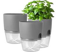 iDattel Plastic Plant Pots Indoor,15.3CM Self Watering Plant Pots 3 Pack,Flower Pot Modern Decorative Plastic Planter with Extra Large Water Storage for All House Plants, Flowers, Herbs(Gray)