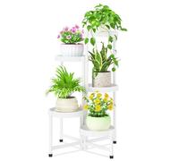 iDavosic.ly 5 Tier Folding Plant Stand Indoor Outdoor with Plastic Tray, Tiered Corner Flower Holder Shelf, Metal Orchid Display Rack for Patio Porch Living Room Garden Balcony, White