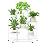 iDavosic.ly 6 Tier Folding Plant Stand Indoor Outdoor with Plastic Tray, Tiered Corner Flower Holder Shelf, Metal Orchid Display Rack for Patio Porch Living Room Garden Balcony, White