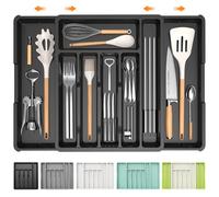 iDavosic.ly Cutlery Drawer Organiser,Expandable Large Cutlery Trays for Kitchen, Adjustable Plastic Utensil Flatware Drawer Organiser Holder for Spoon Fork Knife (Black)
