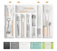 iDavosic.ly Cutlery Drawer Organiser,Expandable Large Cutlery Trays for Kitchen, Adjustable Plastic Utensil Flatware Drawer Organiser Holder for Spoon Fork Knife (White)