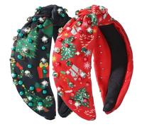 IDDFEVE 2Pcs Christmas Headbands for Women - Red & Green Christmas Tree Rhinestone Knotted Hair Hoops, Winter Crystal Pearl Xmas Accessory for Holiday