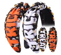 IDDFEVE 2Pcs Rhinestone Halloween Headband for Women - Trick or Treat Knotted Design with Ghost Hair Hoop, Spooky Holiday Wide Hair Accessory with Candy Corn Jeweled Crystal (Black & Orange)