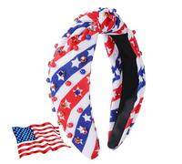 IDDFEVE 4th of July Headband for Women - Patriotic Red & Blue Twill Pearl Rhinestone Knotted Hair Hoop, Independence Day Star Crystal Accessory for Holiday & Memorial Day (Diagonal)