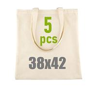 IDEA HOME Cotton Tote Bag - Personalisation Possible - Embroidery or Painting - Reusable Shopping Bags 38x42cm 144g/m2 - Canvas Bag with Two Long Handles, Pack of 5