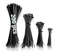 IDEA Home Plastic Cable Ties 200 Pieces 4 Sizes - Black Zip Ties - Set of Cable Ties, UV Resistant, Heat Resistant