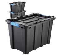 IDEA HOME Set of 3 Storage Boxes 55L with Lid TechBox HD - Heavy-duty Stackable Plastic Containers - Organiser Crates for Garage, Workshop, Tools and Accessories
