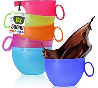 idea-station NEO Plastic Cups 6 Pieces, 500 ml, Colorful, Reusable, shatterproof, Handles, Coffee, Tea, Mug, tumblers, Beaker, for Party, Camping, Picnic
