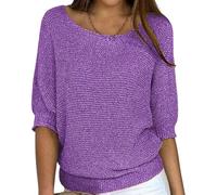 Ideacloth Tops Sweaters for Women, Lightweight Knit Solid Sweater, Slouchy Crew Neck 3/4 Sleeve Womens Crochet Top (Purple,XL)