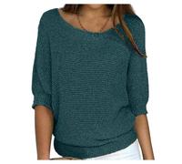 Ideacloth Tops Sweaters for Women, Relaxed Knit Top, 3/4 Sleeve, Slouchy Crew Neck Crochet Top, Plus Size (Dark Blue,3XL)