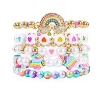 IDEAJOY Bohemian Colorful Beaded Bracelets for Women Boho Stackable Natural Stone Letter Clay Glass Beads Stretch Bracelet Set with Charm, Cute Rainbow Friendship Bracelets for Summer Vacation, Middle