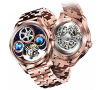 Ideal Knight Skeleton Men's Wrist Watch, Automatic Winding, Mechanical, Sapphire Crystal, Diamond, Waterproof, Luminous, Stainless Steel Strap, Gift for Men, 6808, Rose Gold, Bracelet