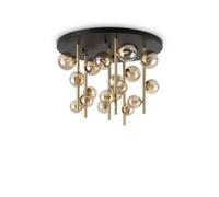 Ideal Lux Perlage 18 Light Globe Ceiling Light Brass, Amber Glass Shade