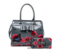 Ideal Online Womens High PU Leather Poppies Flower Butterfly Handbags Shoulder Tote Bag With Matching Purse (Dark Grey Bow)