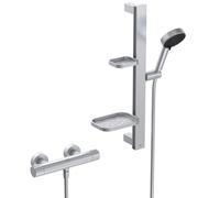 Ideal Standard Ceratherm Alu+ Shower Fitting Package, Water-Saving Shower Head with Variable Spray Patterns, Including Thermostat with Scald Protection and Shower Rail (600 mm) - Silver