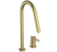 Ideal Standard - Gusto 2 Hole Kitchen tap, High spout with Round Design, with Pull-Out Spray and Dual Spray Modes, 360° Swivel spout, Screw Connection from Below, PVD Finish, Brushed Gold