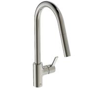 Ideal Standard - Gusto Kitchen tap, High spout with Round Design, with Pull-Out Spray, 360° Swivel spout, Easy to Install with EasyFix+ Fixation, PVD Finish, Silver Storm