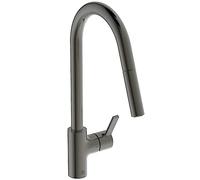 Ideal Standard - Gusto Kitchen tap, High spout with Round Design, with Pull-Out Spray and Dual Spray Modes, 360° Swivel spout, Easy to Install with EasyFix+ Fixation, PVD Finish, Magnetic Grey