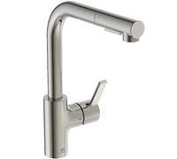 Ideal Standard - Gusto Kitchen tap, High spout with Round L-Design, with Pull-Out Spray and Dual Spray Modes, 360° Swivel spout, Easy to Install with EasyFix+ Fixation, PVD Finish, Silver Storm