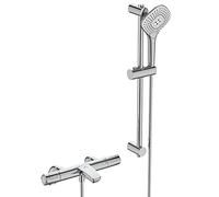 Ideal Standard T100 Exposed Thermostatic Rim Mounted Bath Shower Mixer with Idealrain Evo Jet 3 Function Diamond 125mm Handspray, 600mm Rail and 1.75m Idealflex Hose Chrome