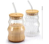 Ideal Swan 2PCS Glass Coffee Cup - 500ML Ice Coffee Cup Wavy Design, Artistic Iced Coffee Glass, Coffee Cups with Lids, Straws and Brush, Coffee Glass Set for Latte, Cappuccino, Tea, Milk, Juice