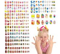 Ideal Swan Kids Stick on Nails, 240 Pcs Fake Nails for Kids Pretty Kid Press on Nail, Girls Nail Tip Cute Cartoon Kid False Nail, Full Cover Short Children Nail Art Decoration with Jelly Glue