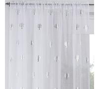 Ideal Textiles Birch Slot Top Voile Curtain Panel, Metallic Print Rod Pocket Voile Panels, Luxury Tree Design Panels, White, Silver, 54" x 90"