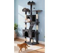IDEALHOUSE Extra Sturdy Cat Tree Tower 182 cm for Large Cats (Indoor) - Cat Tree Tower with 2 Caves, 6 Sisal Scratching Posts, 2 Plush Sleeping Surfaces, Platform, Ladder & Play Balls, Dark Grey