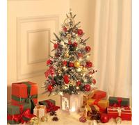 IDEALHOUSE Mini Artificial Christmas Tree, 90 cm, Pre-Lit, 78 Warm White LEDs, Snow-Flocked, 8 Modes + Timer, Battery Operated, Table Decoration with Snowman Base - 3ft Imitation Fibre Optic Light