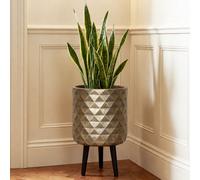 Idealist™ (Dia) 26Cm Large Planter, Diamond Faceted Antique Gold Reinforced Stone Indoor Plant Pot With Legs W30 H43 Cm, 20L