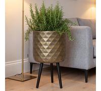 Idealist™ (Dia) 33Cm Large Planter, Diamond Faceted Antique Gold Reinforced Stone Indoor Plant Pot With Legs W37 H61 Cm, 32L
