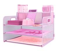 ideallife 3 Tier Mesh Desktop File Organizer with Pen Holder, Paper Letter Tray Organiser, Mesh Desktop Storage with Sliding Trays for Home &Office Supplies(Pink)