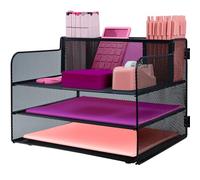 ideallife 3 Tier Mesh Desktop File Organizer with Pen Holder, Paper Letter Tray Organiser, Mesh Desktop Storage with Sliding Trays for Home &Office Supplies