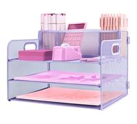 ideallife 3 Tier Mesh Desktop File Organizer with Pen Holder, Paper Letter Tray Organiser, Mesh Desktop Storage with Sliding Trays for Home &Office Supplies(Purple)