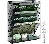 ideallife 6 Tier A4 Wall Mounted Document Holder for Wall or Desktop, Metal Mesh Hanging Wall File Folder Organiser for Paper, Mails, Books, Newspapers, Magazine, Letter - Black