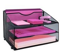 ideallife Desk File Organizer, Mesh Letter File Folder Holder with 3 Paper Trays and 2 Vertical Upright Section for Office Supplies, Workspace - Black