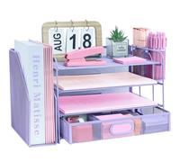 ideallife Desk Organizers and Accessories with File Holder, 4-Tier Paper Letter Tray Organiser with Drawer and 2 Pen Holder, Mesh Desktop Document Organizer for Office Supplies, Workspace - Purple